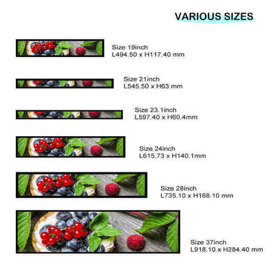 24 Inch Ultra Wide Resolution Stretched Bar Type LCD Advertising Display The Perfect Choice for Supermarket Shelf Retail (Menggunakan layar berukuran 24 Inch Ultra Wide Resolution)