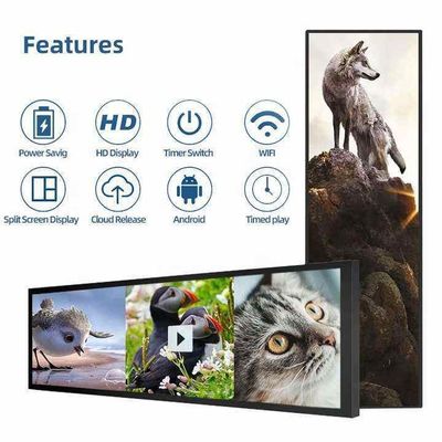 24 Inch Ultra Wide Resolution Stretched Bar Type LCD Advertising Display The Perfect Choice for Supermarket Shelf Retail (Menggunakan layar berukuran 24 Inch Ultra Wide Resolution)