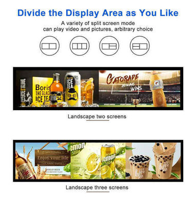 24 Inch Ultra Wide Resolution Stretched Bar Type LCD Advertising Display The Perfect Choice for Supermarket Shelf Retail (Menggunakan layar berukuran 24 Inch Ultra Wide Resolution)