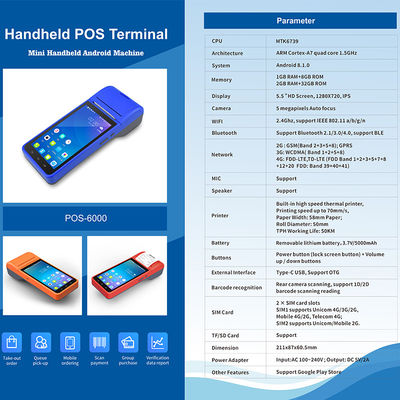 5.5" Sistem POS Android genggam Mesin Daftar Kasus Layar Sentuh Terminal POS Ponsel WiFi USB NFC Pembayaran untuk Retail Biru