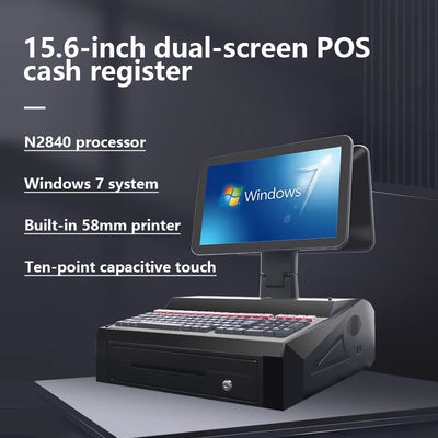 OEM ODM 15.6Inch Dual Screen Win7 Pos Cash Register N2840 Cpu 2+32GB Desktop POS Terminal dengan Printer 58mm,Keyboard