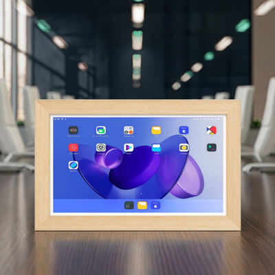 kualitas  21.5Inch RK3588 Wooden Frame Android 13 Tablet POE NFC Wall Mounted Tablet PC for Advertising Use pabrik