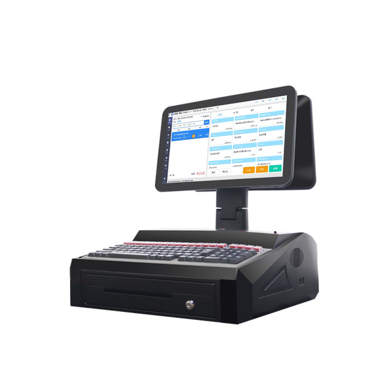 OEM ODM 15.6Inch Dual Screen Win7 Pos Cash Register N2840 Cpu 2+32GB Desktop POS Terminal dengan Printer 58mm,Keyboard